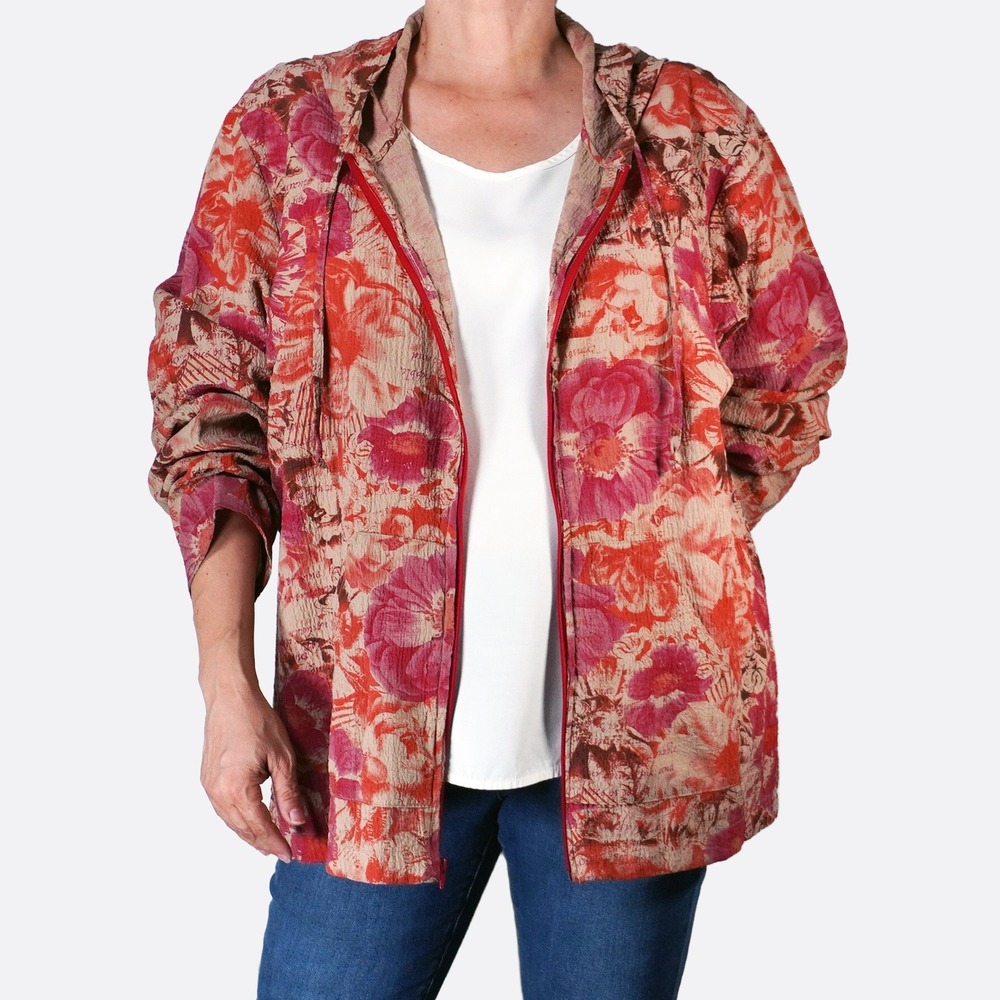 Floral Crinkle Zip Hoodie Jacket 2X Coral Fuchsia Script Tall Friendly Analogy